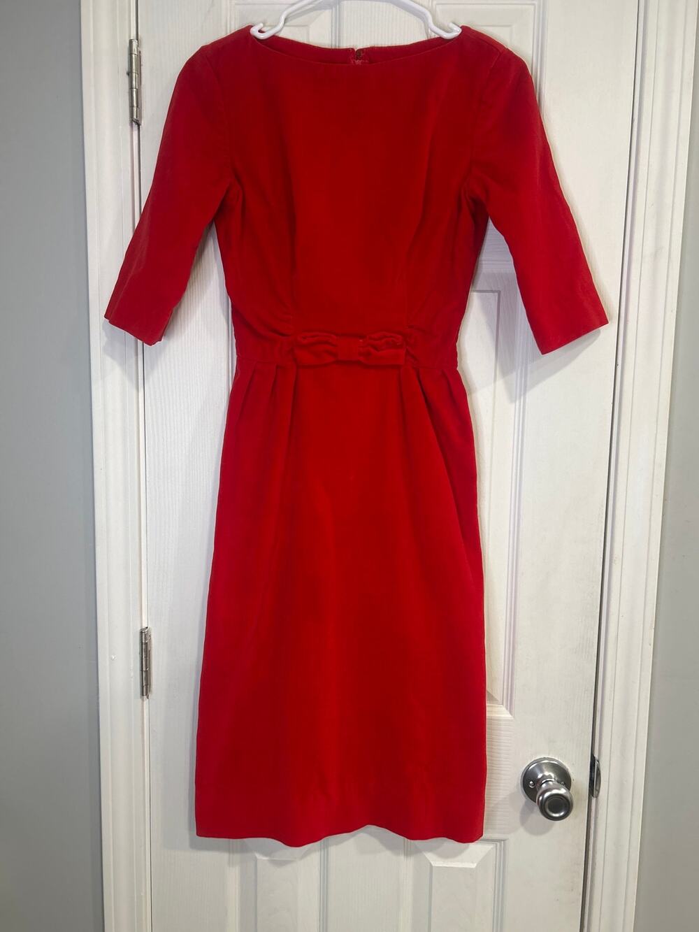 Vintage Velvet Sheath Dress Red Bow Waist Fully Lined 3/4 Sleeve Sz 4 Estimated